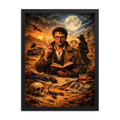 Roberto Bolano desert poet detective tableau framed print on a plain backdrop in size 18"x24".