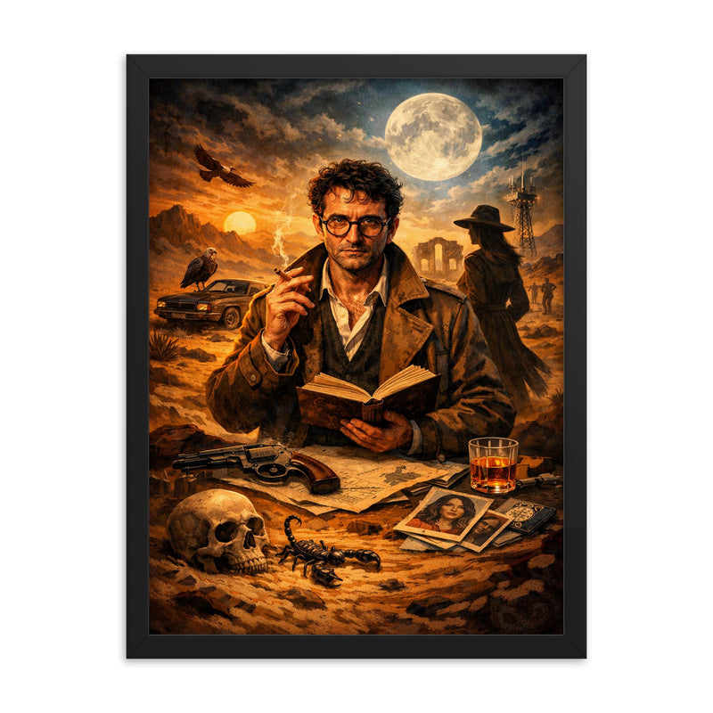 Roberto Bolano desert poet detective tableau framed print on a plain backdrop in size 18
