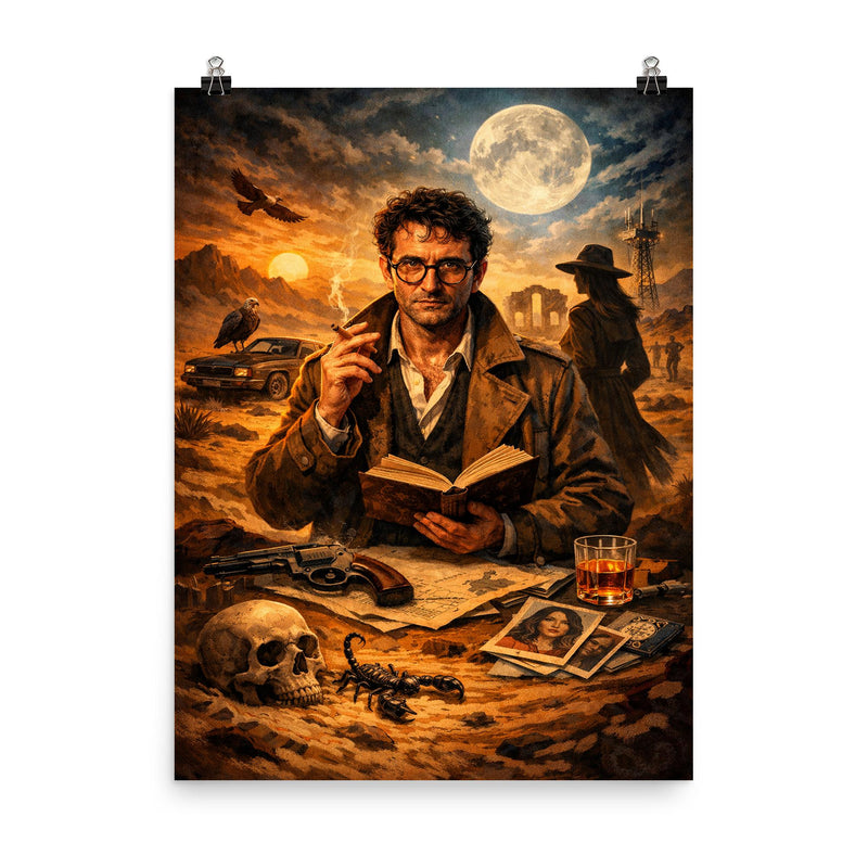 Roberto Bolano desert poet detective tableau poster on a plain backdrop in size 8