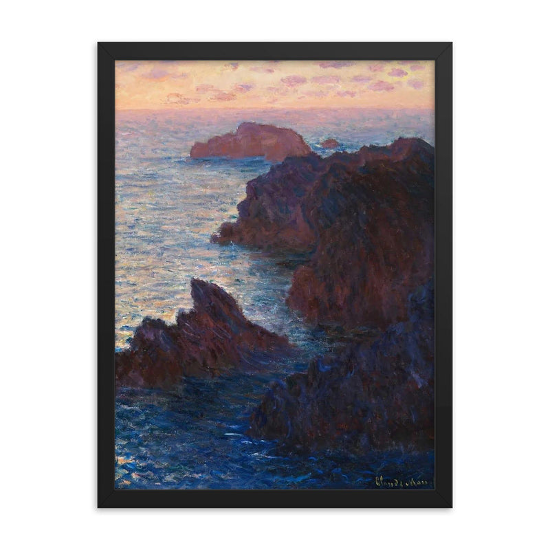 Rocks at Belle-Île by Claude Monet framed print on a plain backdrop in size 18