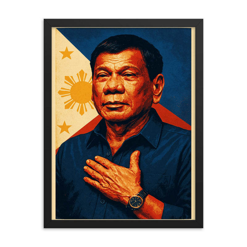 Rodrigo Duterte framed print on a plain backdrop in size 18