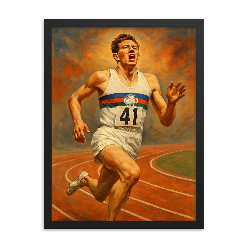 Roger Bannister framed print on a plain backdrop in size 18