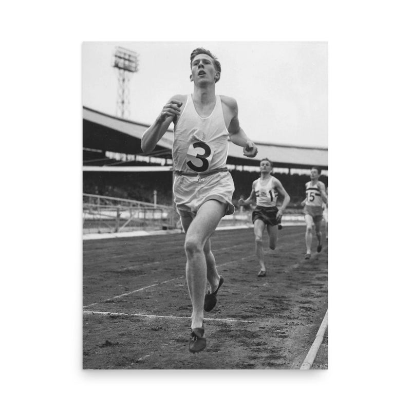 Roger Bannister poster on a plain backdrop in size 18