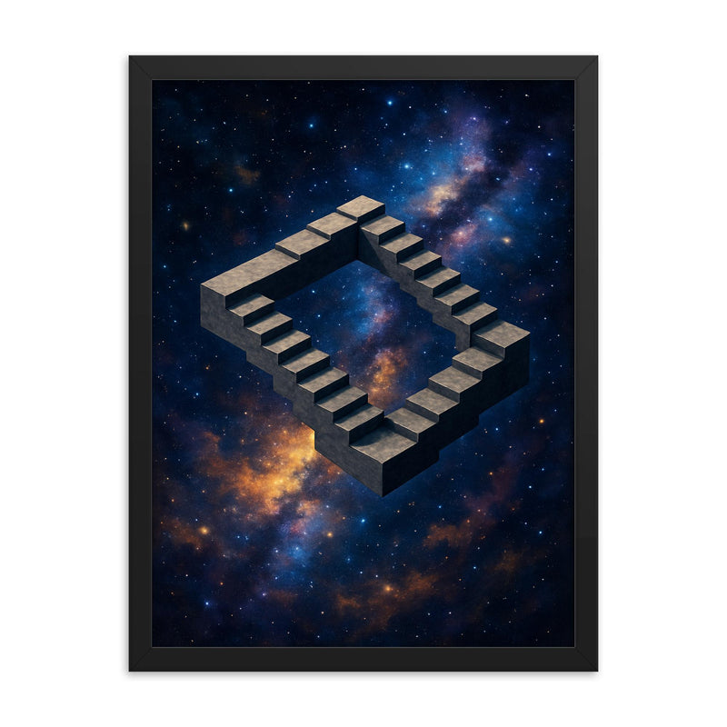 Roger Penrose impossible staircase cosmos framed print on a plain backdrop in size 18