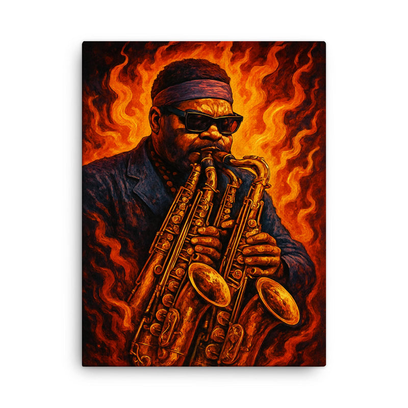 Roland Kirk with multiple horns blaze canvas print on a plain backdrop in size 18