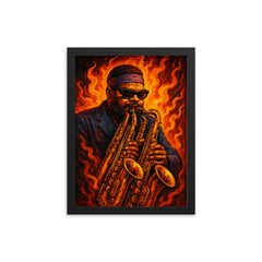 Roland Kirk with multiple horns blaze framed print on a plain backdrop in size 12"x16".