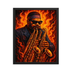 Roland Kirk with multiple horns blaze framed print on a plain backdrop in size 16"x20".