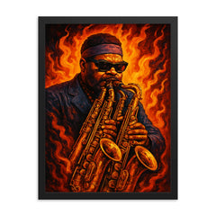Roland Kirk with multiple horns blaze framed print on a plain backdrop in size 18"x24".