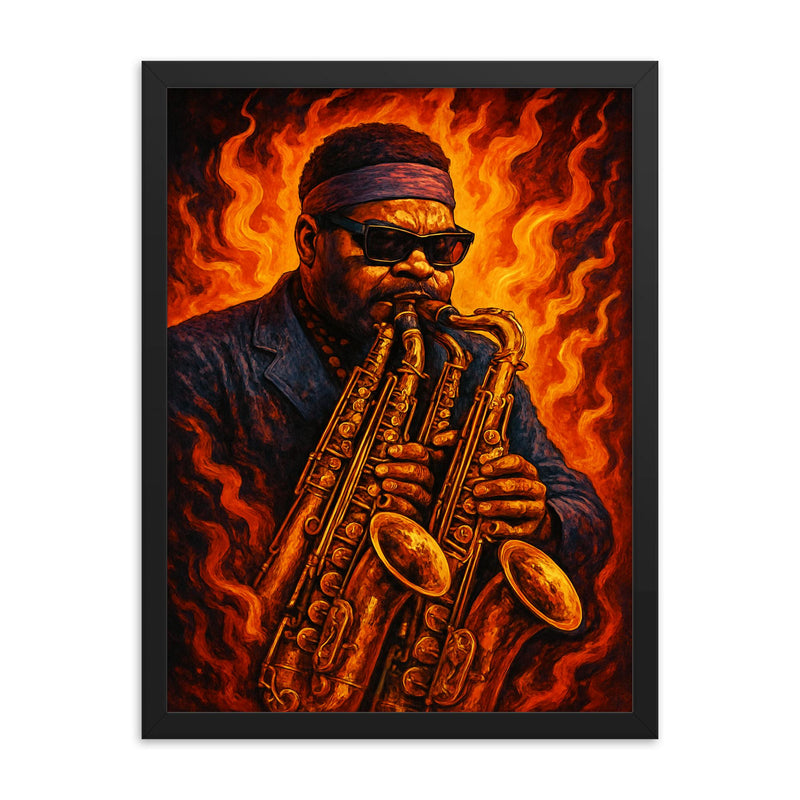 Roland Kirk with multiple horns blaze framed print on a plain backdrop in size 18