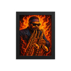 Roland Kirk with multiple horns blaze framed print on a plain backdrop in size 8"x10".
