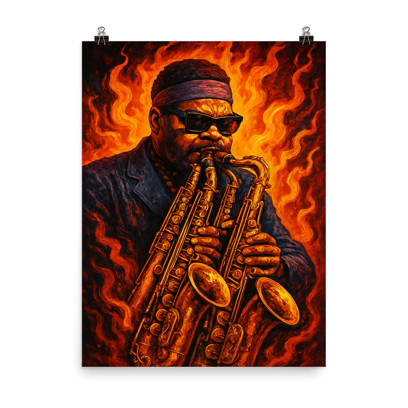 Roland Kirk with multiple horns blaze poster on a plain backdrop in size 8