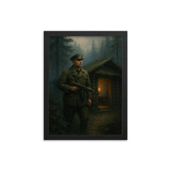 Roman Shukhevych forest command post in Carpathian mist framed print on a plain backdrop in size 12"x16".
