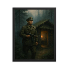 Roman Shukhevych forest command post in Carpathian mist framed print on a plain backdrop in size 16"x20".