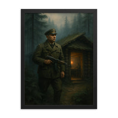 Roman Shukhevych forest command post in Carpathian mist framed print on a plain backdrop in size 18"x24".