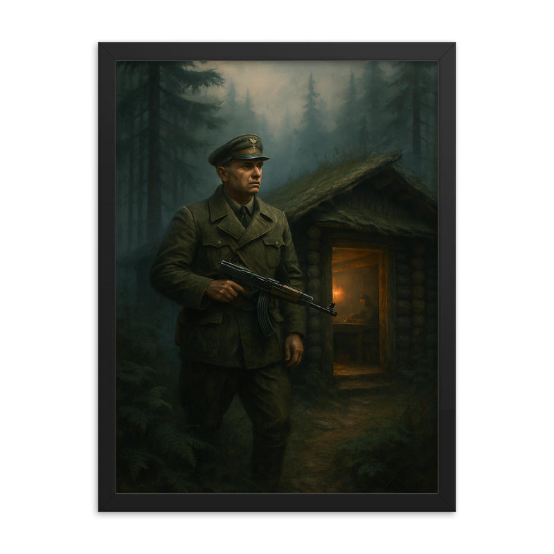 Roman Shukhevych forest command post in Carpathian mist framed print on a plain backdrop in size 18