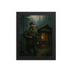Roman Shukhevych forest command post in Carpathian mist framed print on a plain backdrop in size 8"x10".