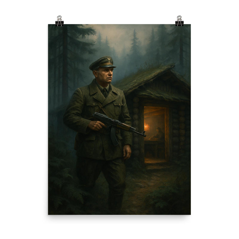 Roman Shukhevych forest command post in Carpathian mist poster on a plain backdrop in size 8