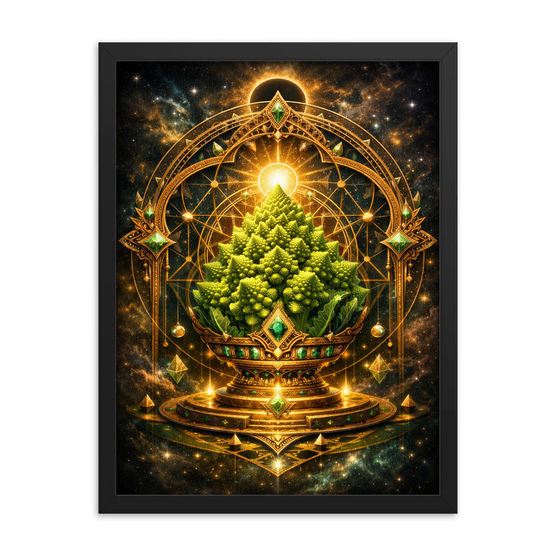Romanesco broccoli as sacred geometry reliquary framed print on a plain backdrop in size 18