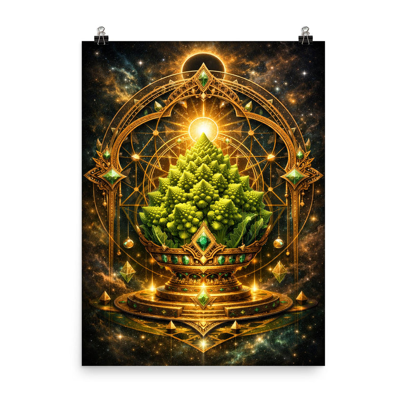 Romanesco broccoli as sacred geometry reliquary poster on a plain backdrop in size 8
