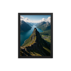 Romsdalseggen Ridge over Andalsnes Norway framed print on a plain backdrop in size 12"x16".