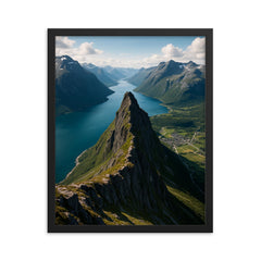 Romsdalseggen Ridge over Andalsnes Norway framed print on a plain backdrop in size 16"x20".