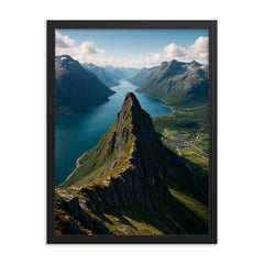 Romsdalseggen Ridge over Andalsnes Norway framed print on a plain backdrop in size 18"x24".