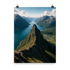 Romsdalseggen Ridge over Andalsnes Norway poster on a plain backdrop in size 8"x10".