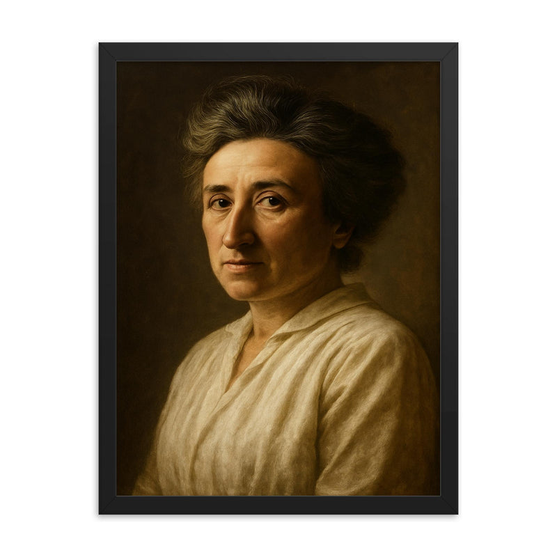 Rosa Luxemburg portrait framed print on a plain backdrop in size 18