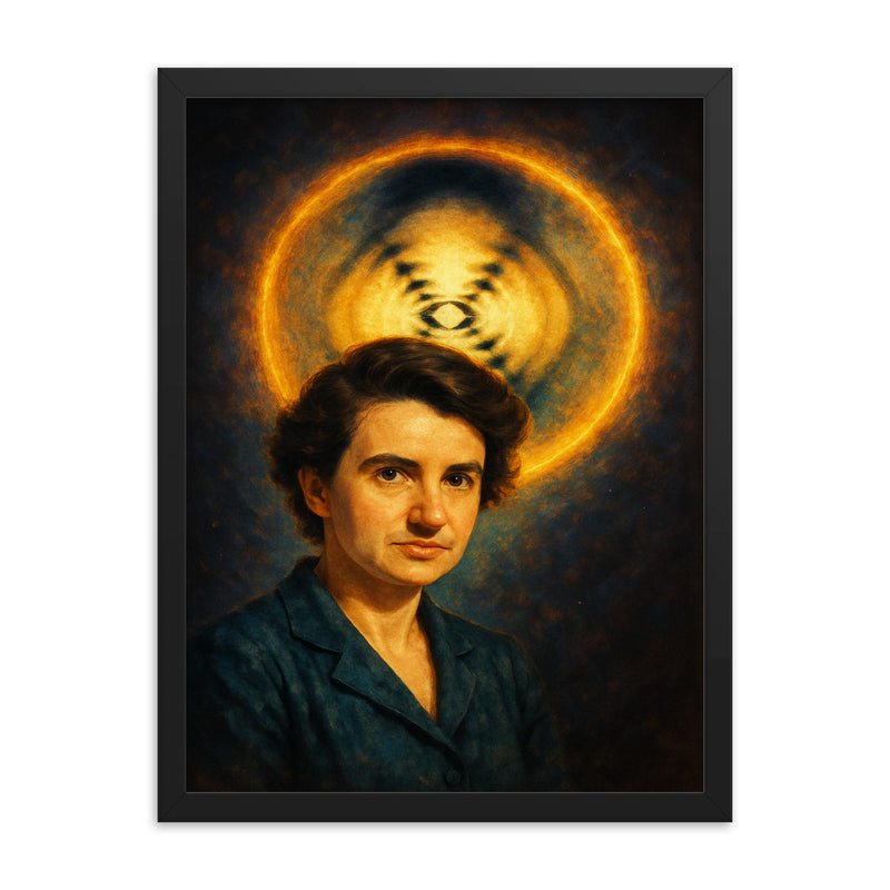 Rosalind Franklin and Photo 51 illuminated framed print on a plain backdrop in size 18