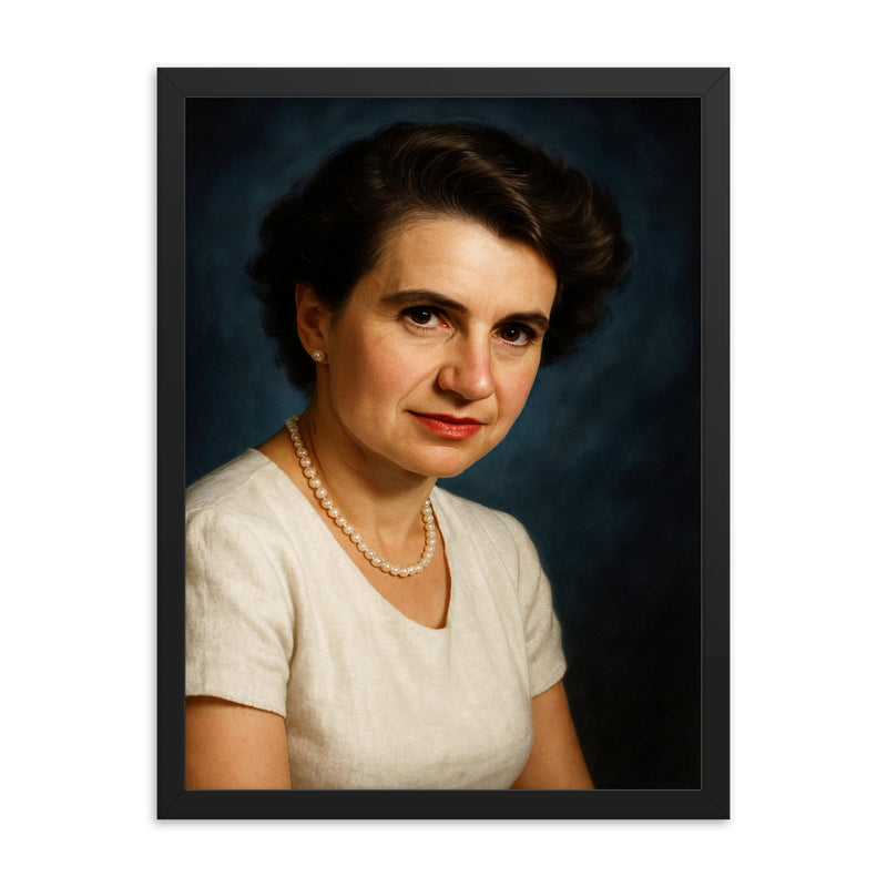 Rosalind Franklin portrait framed print on a plain backdrop in size 18