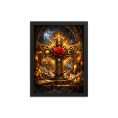 Rosicrucian rose cross in storm lit chamber framed print on a plain backdrop in size 12"x16".