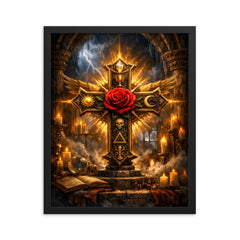 Rosicrucian rose cross in storm lit chamber framed print on a plain backdrop in size 16"x20".