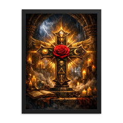 Rosicrucian rose cross in storm lit chamber framed print on a plain backdrop in size 18"x24".