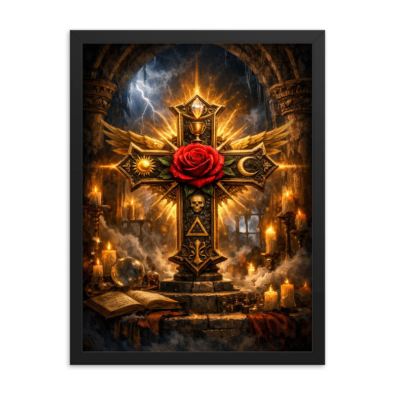 Rosicrucian rose cross in storm lit chamber framed print on a plain backdrop in size 18