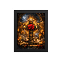 Rosicrucian rose cross in storm lit chamber framed print on a plain backdrop in size 8"x10".