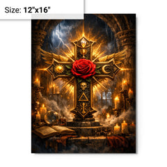Rosicrucian rose cross in storm lit chamber metal print on a plain backdrop in size 12"x16".