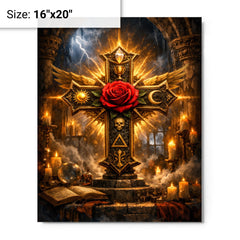 Rosicrucian rose cross in storm lit chamber metal print on a plain backdrop in size 16"x20".
