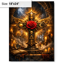 Rosicrucian rose cross in storm lit chamber metal print on a plain backdrop in size 18"x24".