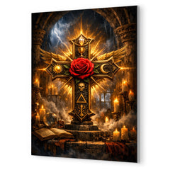 Rosicrucian rose cross in storm lit chamber metal print mockup