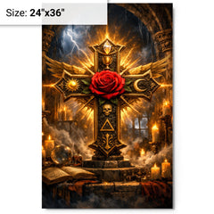 Rosicrucian rose cross in storm lit chamber metal print on a plain backdrop in size 24"x36".