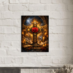 Rosicrucian rose cross in storm lit chamber metal print mockup