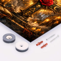 Rosicrucian rose cross in storm lit chamber metal print mockup