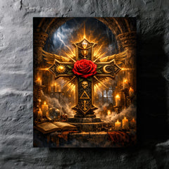 Rosicrucian rose cross in storm lit chamber metal print mockup