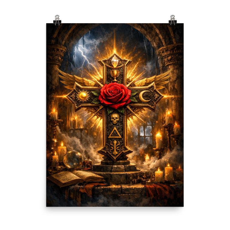 Rosicrucian rose cross in storm lit chamber poster on a plain backdrop in size 8