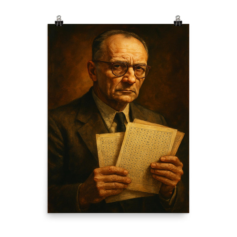 Rudolf Abel spy portrait with cipher sheets poster on a plain backdrop in size 8
