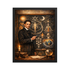 Rudolf Steiner at blackboard of esoteric diagrams framed print on a plain backdrop in size 16"x20".