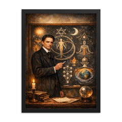 Rudolf Steiner at blackboard of esoteric diagrams framed print on a plain backdrop in size 18"x24".