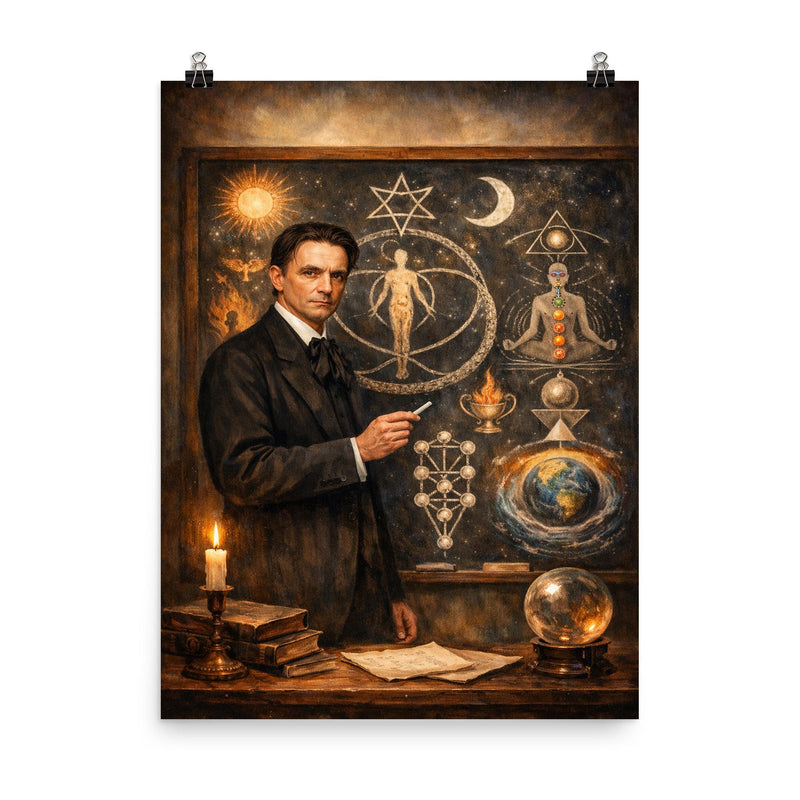 Rudolf Steiner at blackboard of esoteric diagrams poster on a plain backdrop in size 8