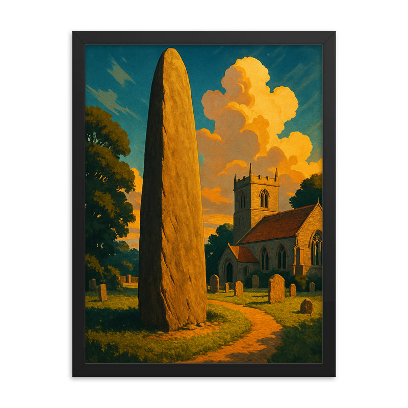 Rudston Monolith England framed print on a plain backdrop in size 18