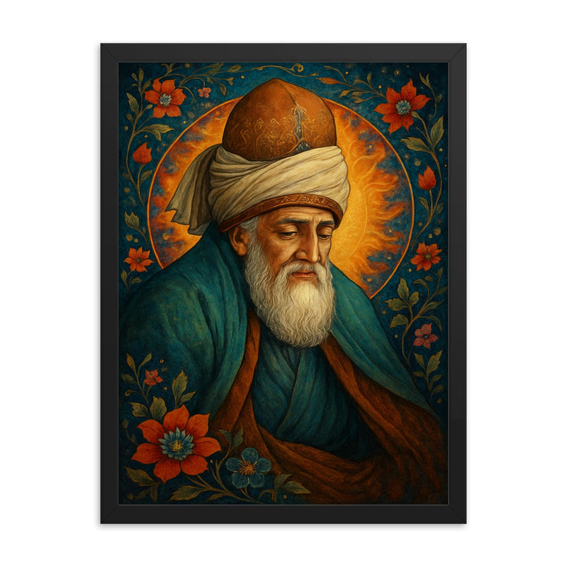 Rumi framed print on a plain backdrop in size 18